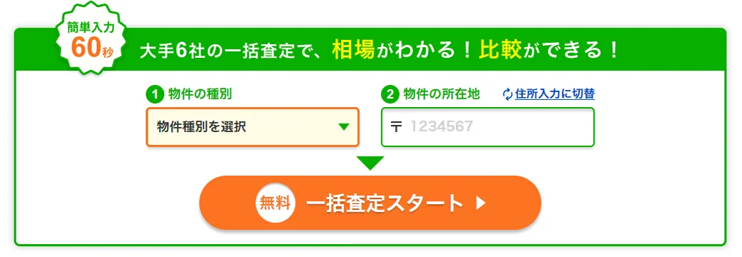 物件種別、郵便番号の2項目を入力し「無料査定スタート」を押します。