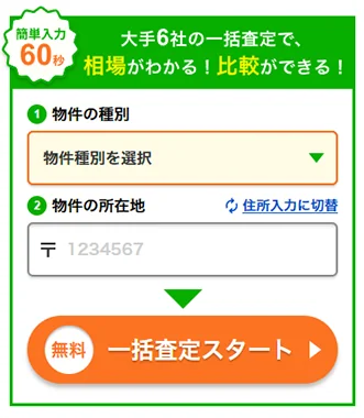 物件種別、郵便番号の2項目を入力し「無料査定スタート」を押します。